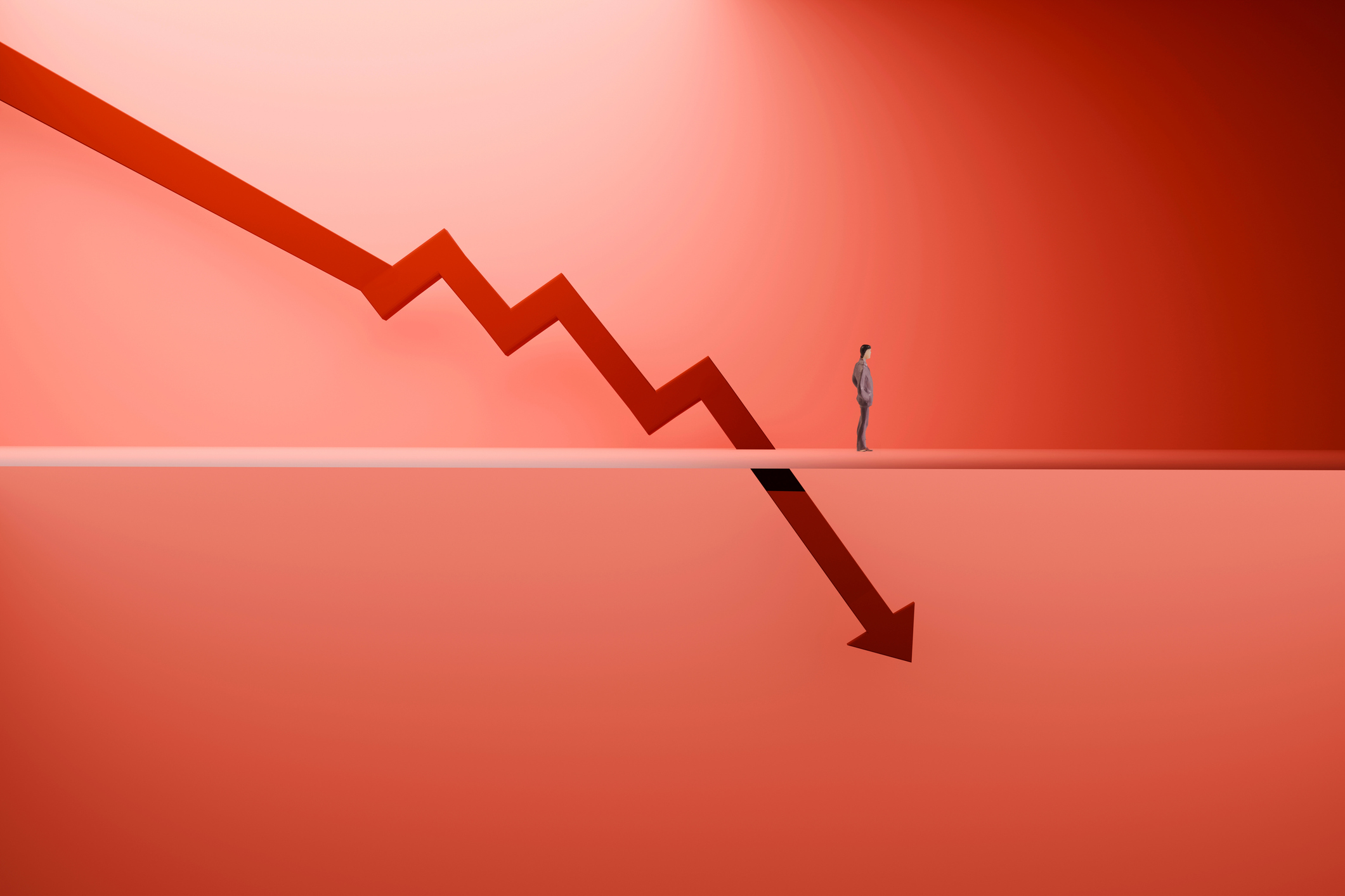 An illustration of a small human figure beside a red arrow zigzagging diagonally downward.