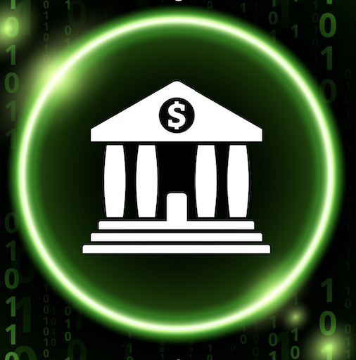 An illustration of a white silhouette of a classical building with columns sits on a black background surrounded by a neon green circle, with green 1s and 0s floating around the circle.