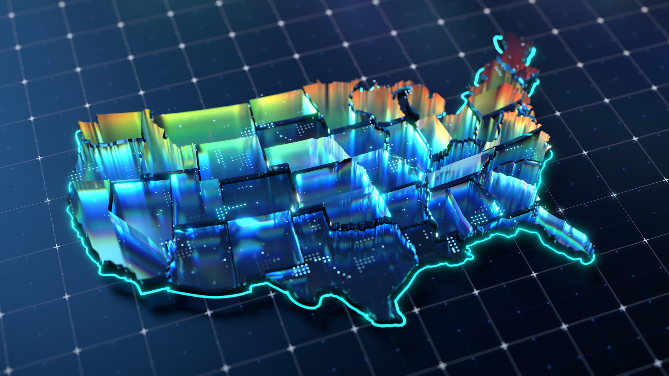A glowing neon 3D map of the U.S., where each state looks it is made from chunks of glass.