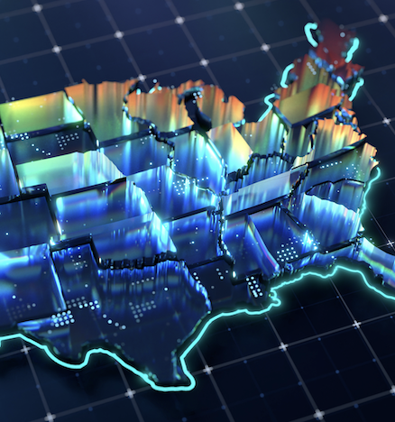 A glowing neon 3D map of the U.S., where each state looks it is made from chunks of glass.