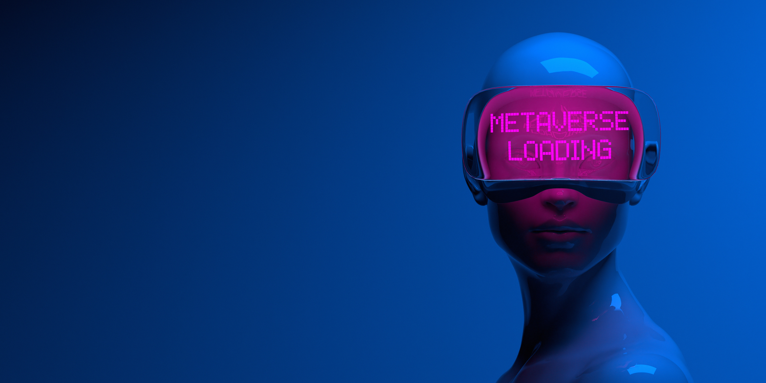 An image of an avatar set against a shadowy blue background and wearing a virtual-reality headset that reads, 